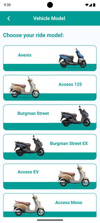 Vehicle model selection screen
