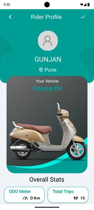 Rider profile screen with vehicle and overall stats