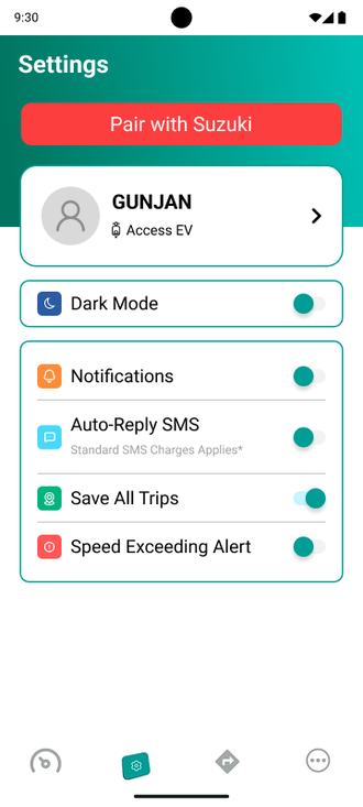 Settings screen with pairing, dark mode and alert toggles