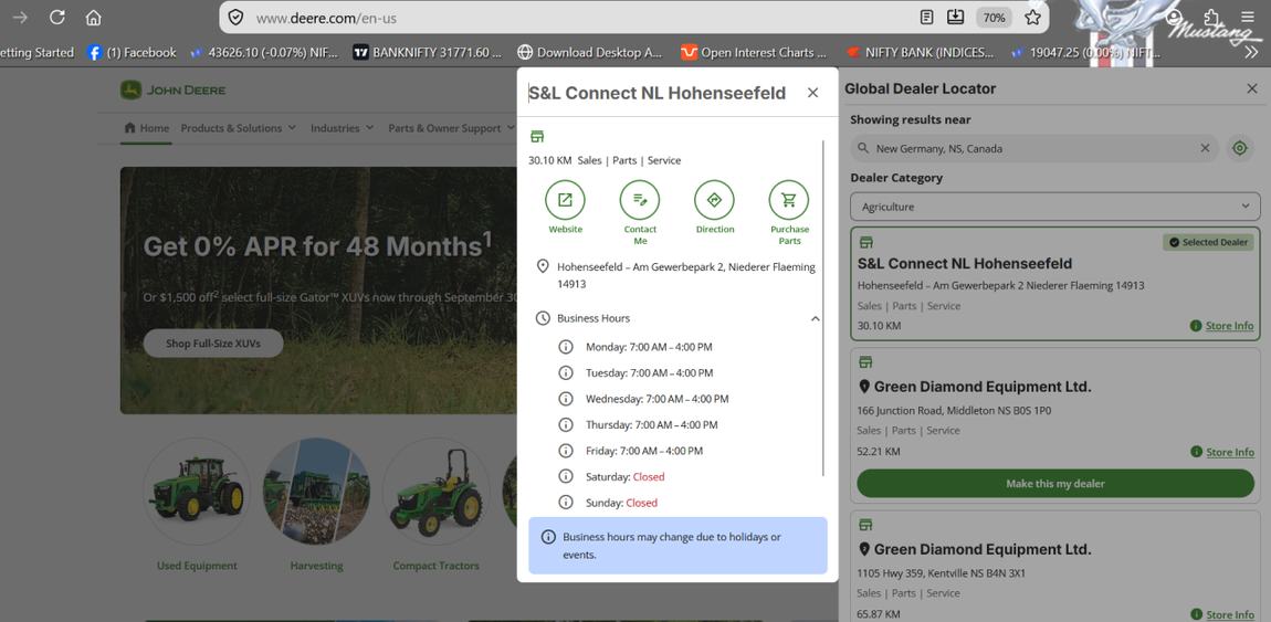 Dealer detail panel with actions and business hours